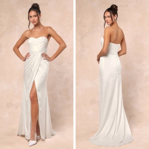 Lulus Dresses & Skirts - NWT Lulus Heidy White Satin Beaded Strapless Maxi Dress, Size Medium